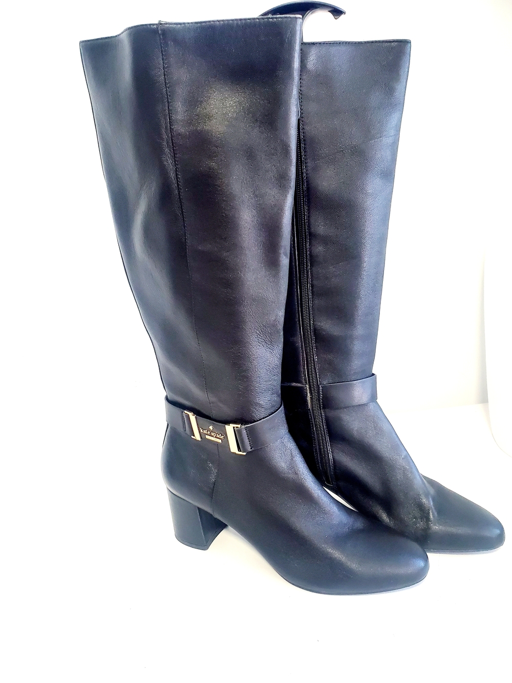 kate spade Black Knee-High Leather Boots with Gold Buckle Size 10M - Picture 9 of 9